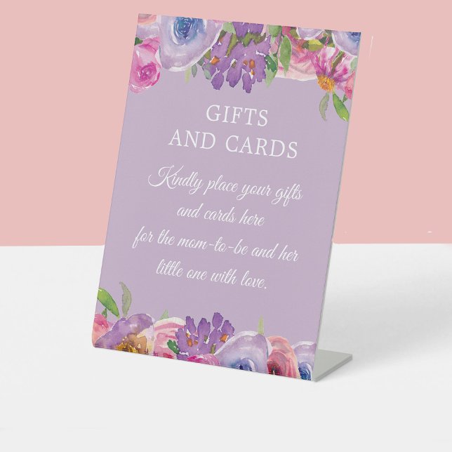Purple Pink Floral Baby Shower Gifts Cards Pedestal Sign (Pink and purple watercolor floral "Little bloom" baby shower gifts and cards sign)
