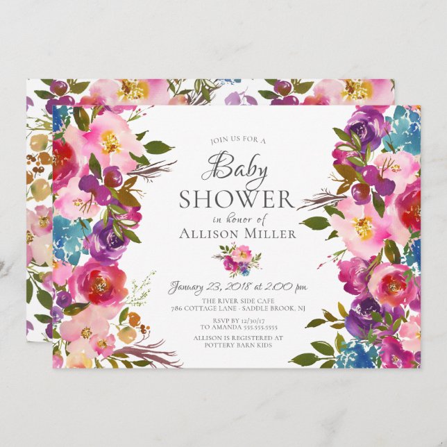 Purple Pink Floral BABY Shower Invitations (Front/Back)