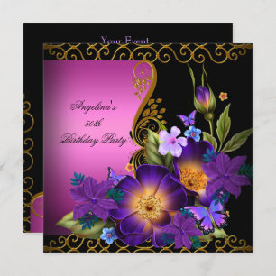 Purple Pink Floral Black Gold Birthday Party Invitation