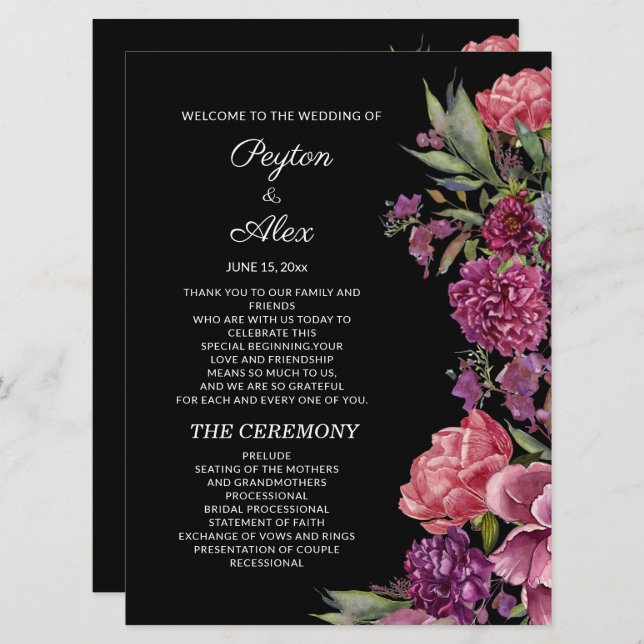 Purple Pink Floral Black Wedding Party Program (Front/Back)