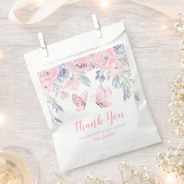 Purple Pink Floral Butterfly Girl Baby Shower Favour Bag (Clipped)