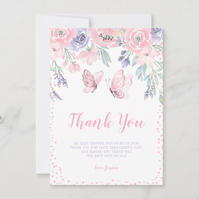 Purple Pink Floral Butterfly Girl Baby Shower Thank You Card (Front)