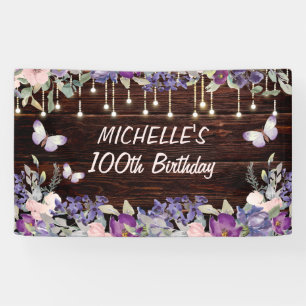 Purple Pink Floral Butterfly Rustic 100th Birthday Banner