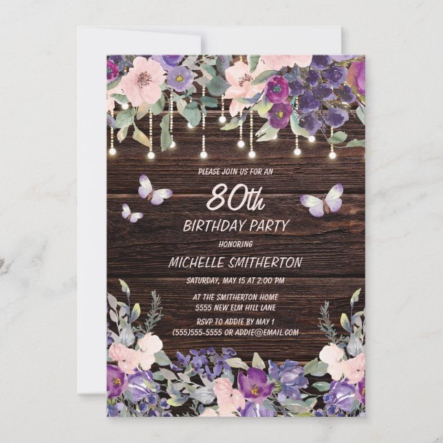 Purple Pink Floral Butterfly Rustic 80th Birthday  Invitation (Front)