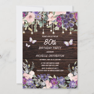 Purple Pink Floral Butterfly Rustic 80th Birthday Invitation
