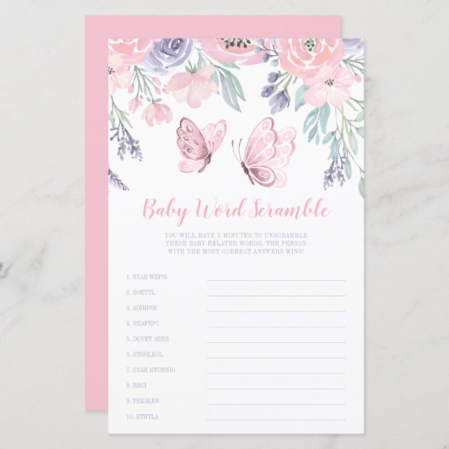 Purple Pink Floral Butterfly Word Scramble Game (Front/Back)