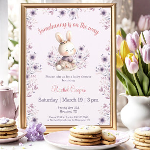 Purple Pink Floral Cute Bunny Girl Baby Shower Invitation