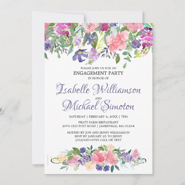 Purple & Pink Floral Engagement Party Invitation (Front)