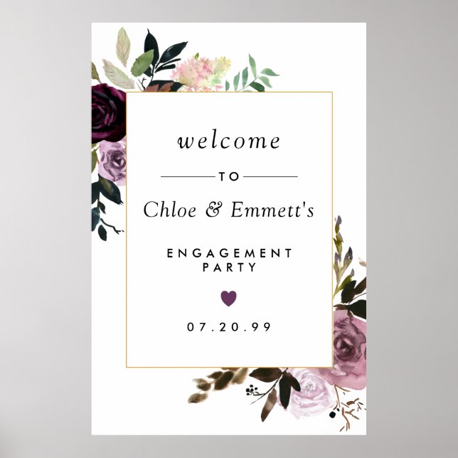 Purple Pink Floral Engagement Party Welcome Sign (Front)