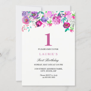 Purple Pink Floral Girl 1st Birthday Invitation