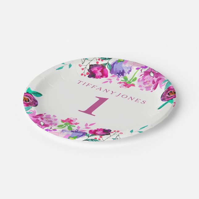 Purple Pink Floral Girl 1st Birthday Party Plate (Angled)