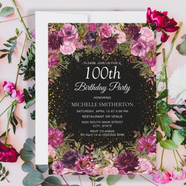 Purple Pink Floral Glitter Black 100th Birthday Invitation (Pink and burgundy floral on black 100th birthday party invitation)
