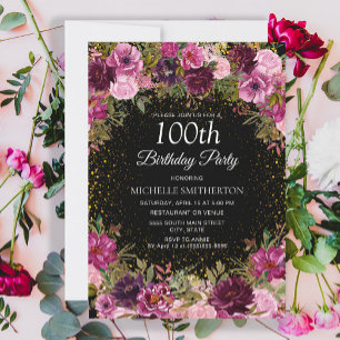 Purple Pink Floral Glitter Black 100th Birthday Invitation