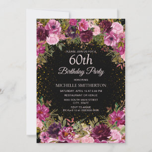 Purple Pink Floral Glitter Black 60th Birthday Invitation