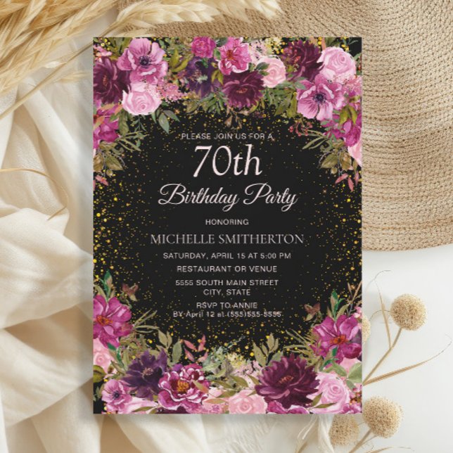 Purple Pink Floral Glitter Black 70th Birthday Invitation (Burgundy and pink watercolor floral and gold glitter on black 70th birthday party invitation.)