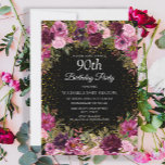 Purple Pink Floral Glitter Black 90th Birthday Invitation<br><div class="desc">Elegant and romantic pink and purple watercolor vintage roses/floral and foliage on black custom 90th birthday party invitation with gold glitter.  Personalised with the name of the guest of honour.</div>