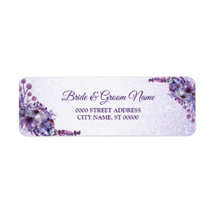 Purple Pink Floral Glitter Wedding Return Address Label