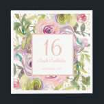 Purple Pink Floral Gold Glitter 16th Birthday Napkin<br><div class="desc">Purple,  yellow,  and pink watercolor floral and green leaves with gold glitter women's 16th birthday party paper napkins personalised with your name and party date.</div>
