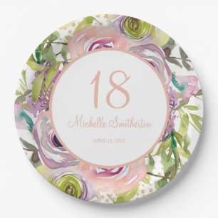 Purple Pink Floral Gold Glitter 18th Birthday Paper Plate