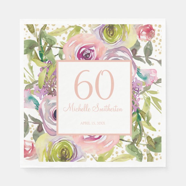 Purple Pink Floral Gold Glitter 60th Birthday Napkin (Front)