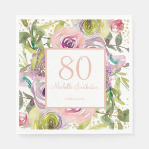 Purple Pink Floral Gold Glitter 80th Birthday Napkin
