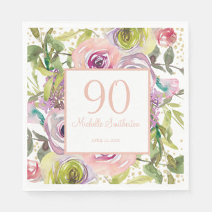 Purple Pink Floral Gold Glitter 90th Birthday Napkin
