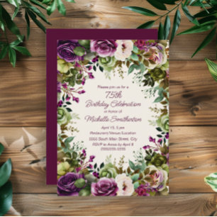 Purple Pink Floral Green Leaves 75th Birthday Invitation