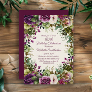 Purple Pink Floral Green Leaves 80th Birthday Invitation
