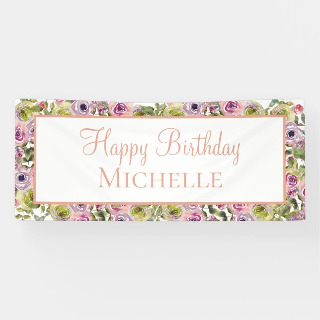Purple Pink Floral Happy Birthday Banner (Horizontal)