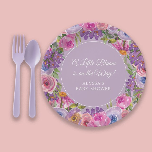 Purple Pink Floral Little Bloom Baby Shower Paper Plate (Pink and purple watercolor floral "Little bloom" baby girl shower paper plate)
