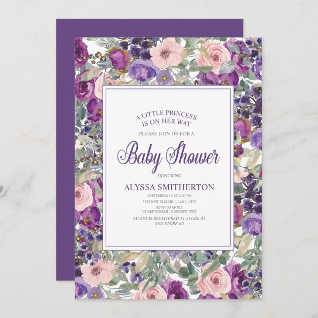 Purple Pink Floral Little Girl Baby Shower Invitation (Front/Back)