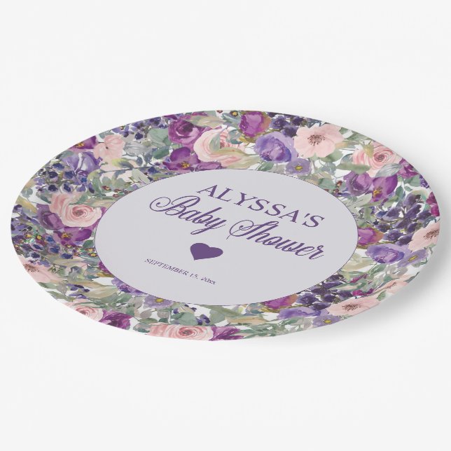 Purple Pink Floral Little Girl Baby Shower Paper Plate (Angled)