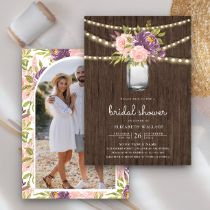Purple Pink Floral Mason Jar Photo Bridal Shower Invitation