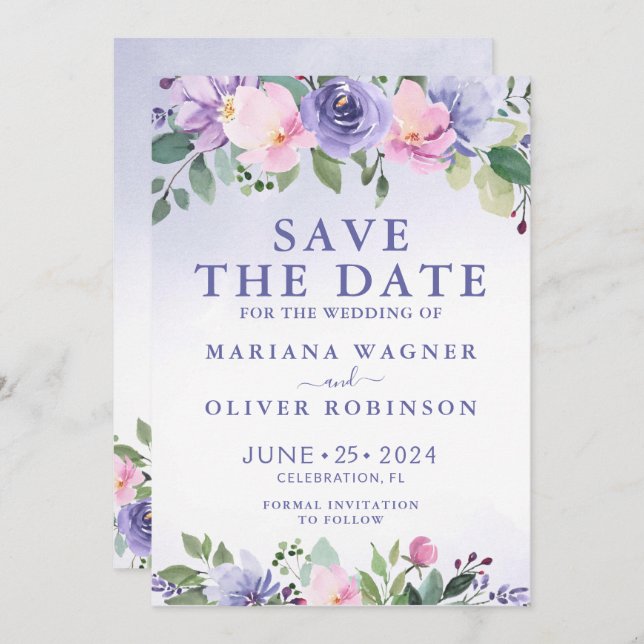 Purple Pink Floral Modern Save the Date Invitation (Front/Back)