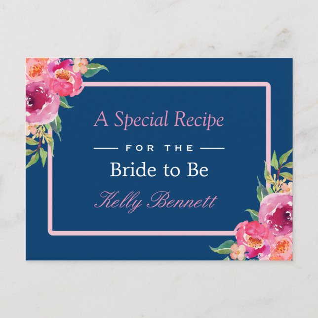 Purple Pink Floral Navy Blue Bridal Shower Recipe Postcard (Front)