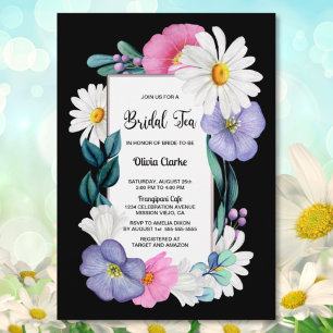 Purple Pink Floral on Black Bridal Tea Invitation