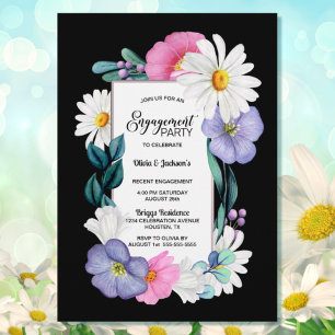 Purple Pink Floral on Black Engagement Party Invitation