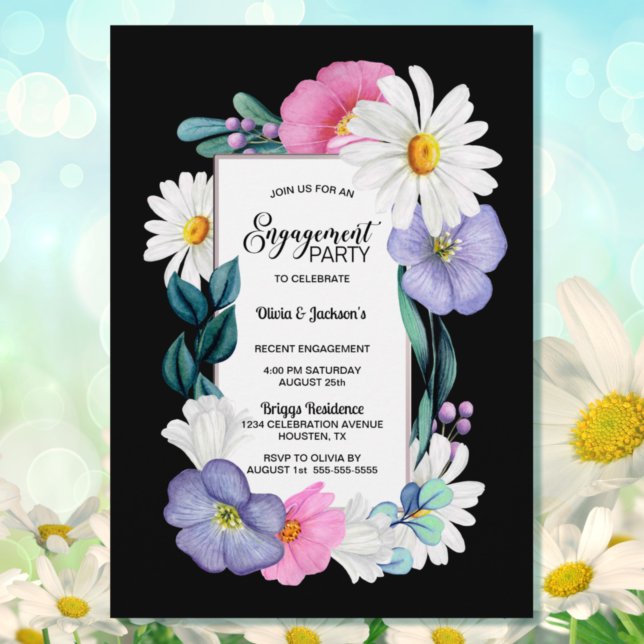 Purple Pink Floral on Black Engagement Party Invitation (Creator Uploaded)