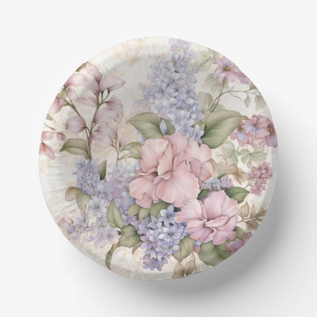 Purple Pink Floral Paper Bowl Paper Plate (Front)