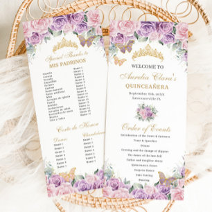 Purple Pink Floral Quinceañera Order of Events Program