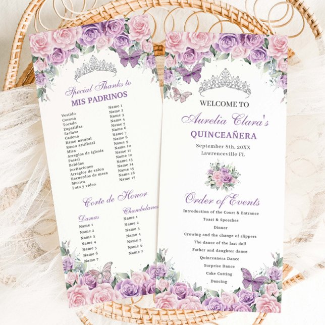 Purple Pink Floral Quinceañera Order of Events  Program (Creator Uploaded)
