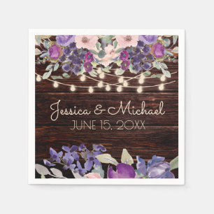 Purple Pink Floral Rustic String Light Wedding Napkin