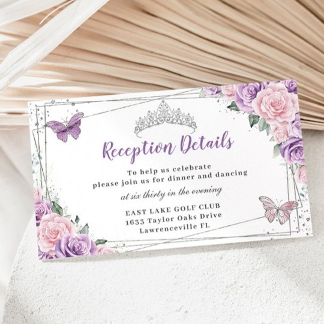 Purple Pink Floral Silver Quinceañera Reception Enclosure Card (Creator Uploaded)