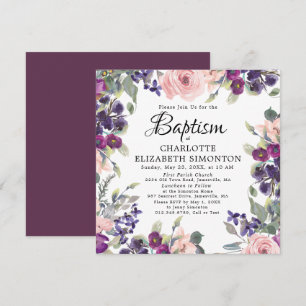 Purple Pink Floral Square Christening Invitation