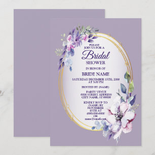 Purple Pink Floral Watercolor Golden Bridal Shower Invitation