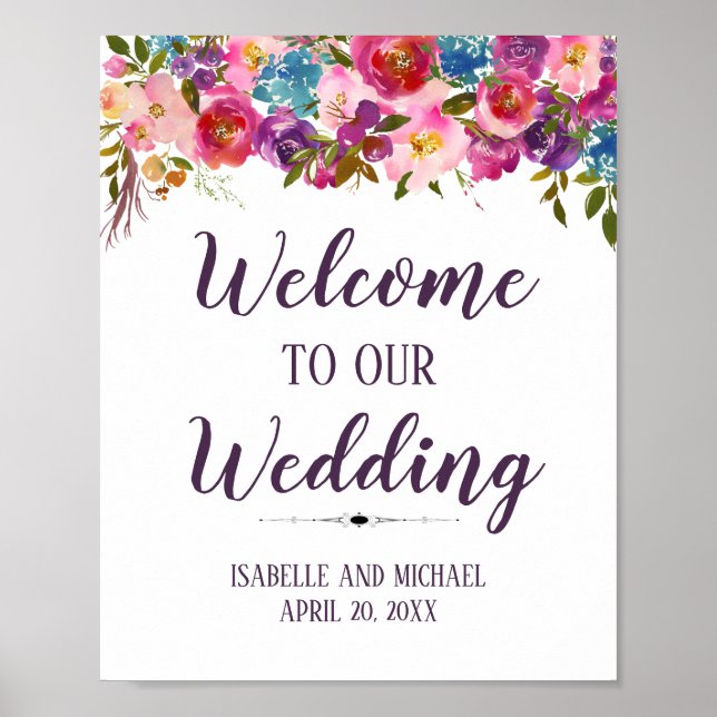Purple Pink Floral Watercolor Welcome Wedding Sign (Front)