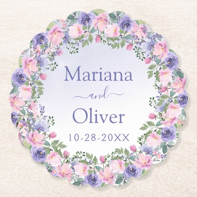 Purple Pink Floral Wedding Paper Coaster (Front)