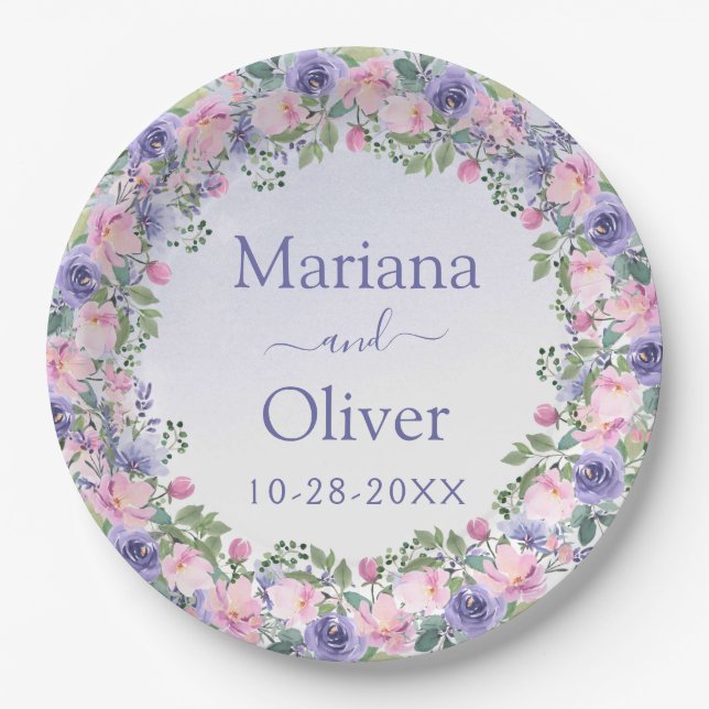 Purple Pink Floral Wedding Paper Plate (Front)