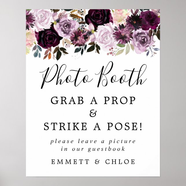 Purple Pink Floral Wedding Photo Booth Sign (Front)