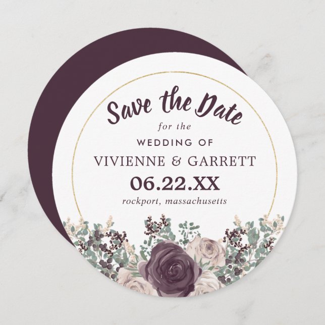 Purple Pink Floral Wedding Round Save the Date Invitation (Front/Back)